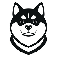Solid Black and White Vector Portrait of a Shiba Inu or Akita Dog Head, Featuring a Curled Tail Graphic