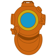 Flat Color Vector Illustration of a Vintage Bronze or Copper Diving Helmet with a Blue Porthole, Symbolizing Deep Sea Exploration
