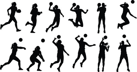 Sport silhouette vector, dynamic athlete poses, ball action movements, black human figures, physical activity icons, fitness illustration for design, education, and content