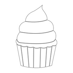 Simple Gray Outline Vector Icon of a Cupcake with a Large Swirl of Icing/Frosting and a Fluted Paper Cup