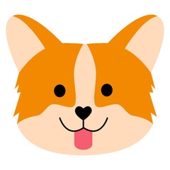 Cute Flat Cartoon Vector Head Portrait of a Happy Pembroke Welsh Corgi Dog, Featuring Orange and White Coloring with a Heart Nose and Tongue Sticking Out.