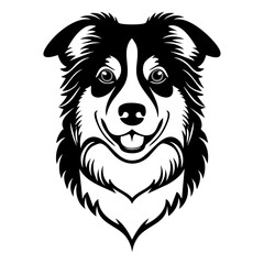 High-Contrast Black and White Vector Portrait of an Australian Shepherd Dog's Head, Showing a Detailed, Happy Expression and Symmetrical Fur Markings, Ideal for Pet Logos