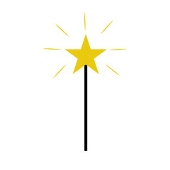 Simple Flat Design Vector Illustration of a Black Magic Wand Topped with a Bright Yellow Star Emitting Golden Sparkles, Symbolizing Fairy Tales, Wishes, and Illusions.