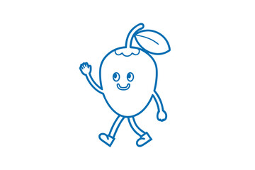 Fototapeta premium Smiling mango fruit character in blue outline walks, waving its hand cheerfully