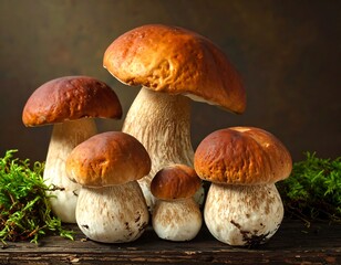 A group of edible mushrooms with brown caps, white stems, and green moss on a wooden surface