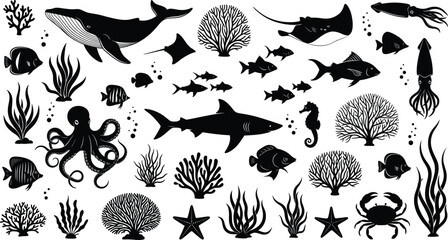 Underwater marine silhouettes, ocean animals and coral, black sea life icons, aquatic vector illustration for design, education, biology, and decoration © MD. NUR ISLAM