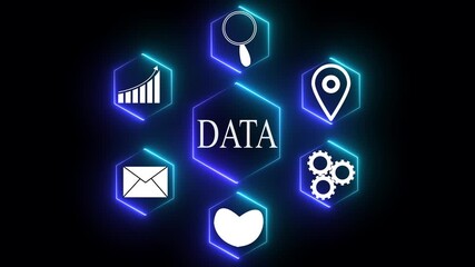 Hexagonal Network Of Business Icons With Central Text DATL And Neon Blue And Purple Glow DATL technology - Powered by Adobe