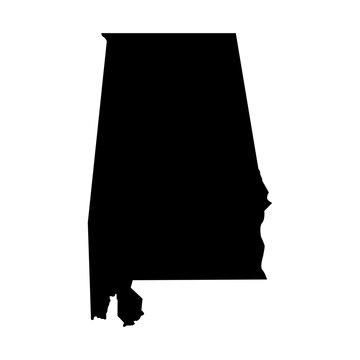 Solid Black Silhouette Vector Map of the State of Alabama, Displaying the Exact Geographic Shape with Distinct Coastline Features, Isolated on a White Background for Educational and Political Use.
