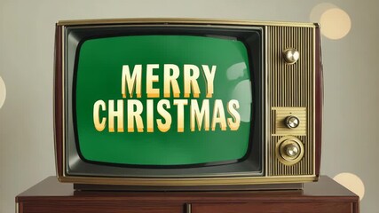 Vintage TV displays Merry Christmas greeting in festive decor. Christmas videos