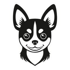 Stylized Black and White Cartoon Head of a Long-Haired Chihuahua Dog Smiling