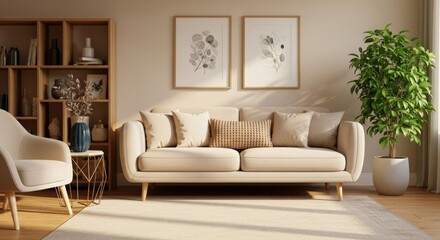 Fototapeta premium Inviting beige color palette modern living space with plant accents