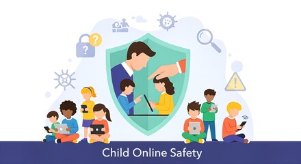 Child Online Safety Illustration: Diverse Children with Devices Protected by Parental Guidance