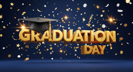 Celebrate success with festive graduation day banner, golden lettering against a navy backdrop with confetti and a graduation cap for a momentous occasion