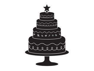 Happy Christmas cake icon in silhouette white background.