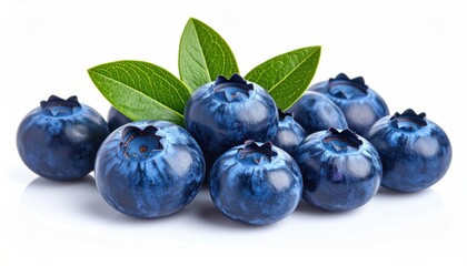Fototapeta premium Macro Close Up Of Fresh Ripe Blueberries With Green Leaves And Water Droplets Against A White Background Detailed Texture