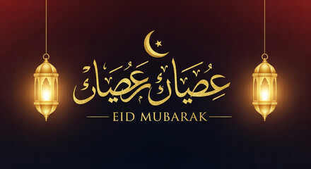 Wishing you a blessed Eid Mubarak with golden lanterns and shimmering calligraphy for a vibrant celebration filled with joy and peace