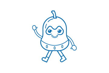 Smiling cartoon loquat character waves hello, merrily walking against the white space behind it