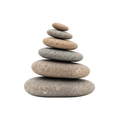Pyramid of smooth, rounded natural stones in various earthy tones, perfectly balanced. Isolated on a plain background, symbolizing zen, peace, and natural harmony. Great for wellness or design project