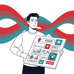 Smiling male professional presenting a comprehensive business strategy board detailing vision, goals, growth plans, and data analysis for successful organizational development and future achievements
