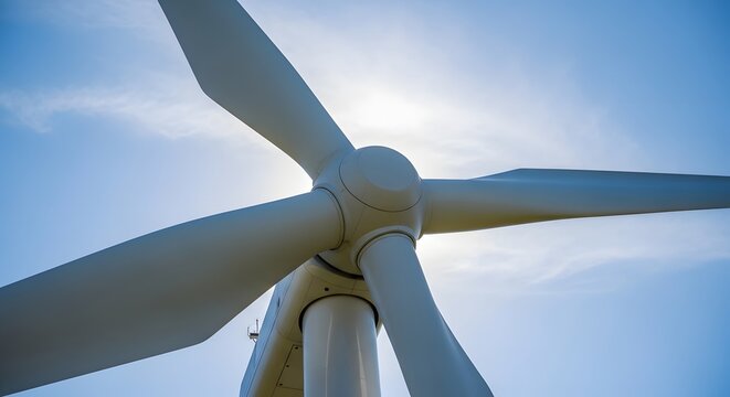 Powerful wind turbine generating clean energy against a sunny blue sky, an inspiring symbol of sustainability and renewable power solutions