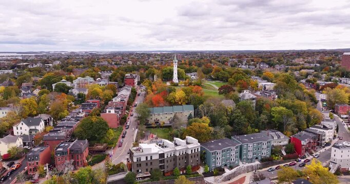 Flying Towards Fort Hill Tower in Roxbury, Massachusetts