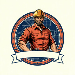 Construction Worker Logo Design with Blank Banner Space for Custom Text: Strong Builder Illustration Featuring Hard Hat, Tools, and Blueprint Background for Construction Branding and Design Projects