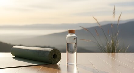 Embrace wellness with a yoga mat and refreshing water bottle against a serene mountain backdrop, promoting mindfulness and healthy lifestyle choices