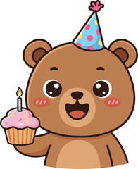 Cute cartoon bear holding birthday cupcake with candle, adorable celebration illustration, festive party hat, happy kids birthday design