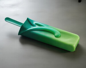 A green popsicle with water droplets on its surface, lying on a gray surface.
