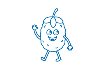 Happy cartoon raspberry character cheerfully waving with blue outline against a white backdrop
