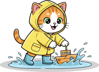 Cute cartoon cat in yellow raincoat playing with toy boat in puddle on rainy day illustration