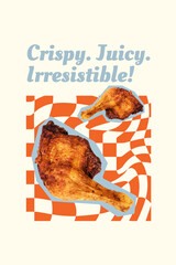 Vertical pop poster banner collage of crispy chicken leg grilled meat nuggets carbs fast food...