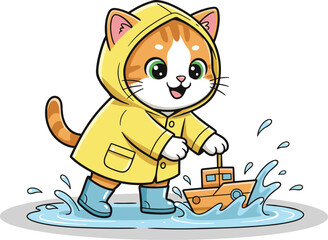 Cute cat in yellow raincoat playing with toy boat, rainy day cartoon illustration, adorable kitten splashing in puddle