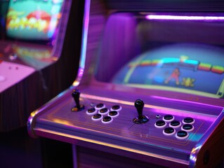 Vibrant neon arcade machines glow with retro gaming nostalgia, inviting immersive fun and classic entertainment experiences.