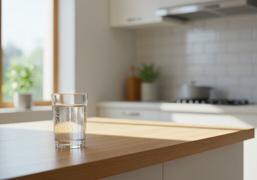 モダンなキッチンに置かれた水のグラスと朝の光