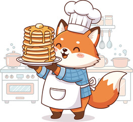 Cute fox chef holding pancakes with honey, adorable animal cooking illustration, sweet breakfast cartoon kitchen artwork