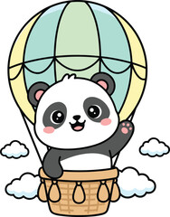 Cute panda waving from hot air balloon, adorable cartoon animal flying in the sky with fluffy clouds