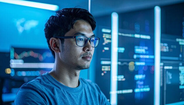A male data scientist concentrating in a high-tech control room environment, surrounded by illuminated computer screens with data analysis displays. He is focused.