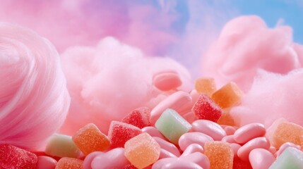 Colorful assortment of candy and cotton candy against a dreamy pastel background, evoking sweetness