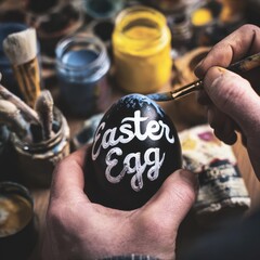Painting easter egg with brush and paints on wooden surface