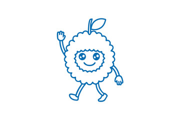 Outlined rambutan fruit cartoon character is walking and raising its arm happily on white