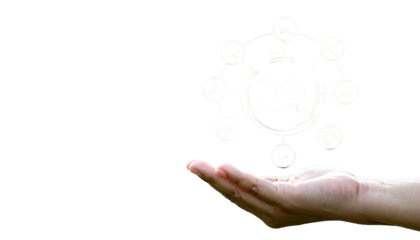 A hand holds a digital diagram illustrating wellness, mind, and balance with icons