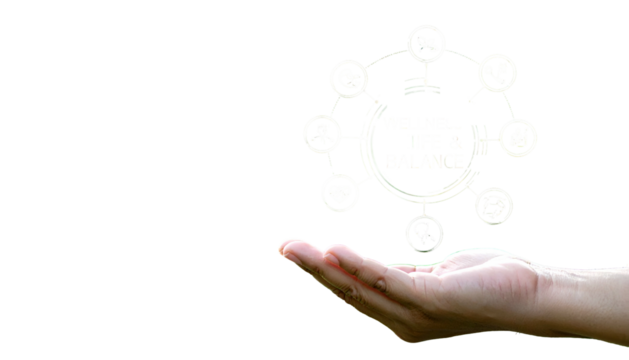 A hand holds a digital diagram illustrating wellness, mind, and balance with icons
