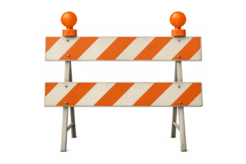 Road construction barricade blocking access with warning lights