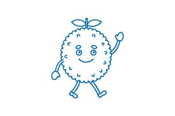 Outlined cartoon lychee walks smiling and waving with cheerful expression on white background