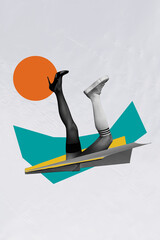 Fototapeta premium Vertical trend artwork collage of anonym bodyless female legs wear stocking heels sneakers fly paper plane aircraft travel