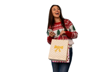 Happy young woman holding shopping bags and phone while enjoying christmas holiday sales, transparent background