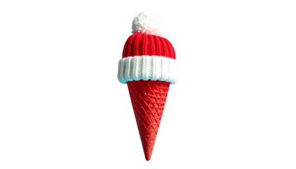 A red ice cream cone, knitted winter hat topper, floating against a solid black backdrop