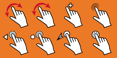 Fototapeta premium Set of Hand Gesture UI Icons for Touchscreens: Tap, Pinch, Swipe, Zoom, Rotate, and Drag Multi-Touch Interface Commands