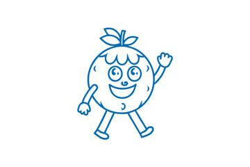 Joyful fruit character walks happily waving hello using its cute, blue line art style